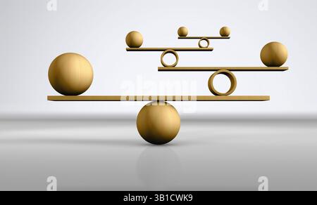 Concetto di equilibrio tra lavoro e stile di vita con palle di legno bilanciate su sfondo grigio chiaro illustrazione 3D. Foto Stock