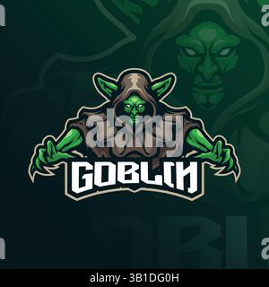 Design con logo Goblin mascotte con design moderno per la stampa di badge, emblemi e t shirt. Illustrazione di goblin arrabbiato per la squadra sportiva. Illustrazione Vettoriale