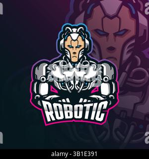 design del logo della mascotte robotizzata vettoriale con design moderno per la stampa di badge, emblemi e t shirt. illustrazione robotica intelligente. Illustrazione Vettoriale