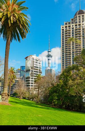 Vista della Sky Tower di Auckland da Albert Park, Auckland, North Island, nuova Zelanda Foto Stock