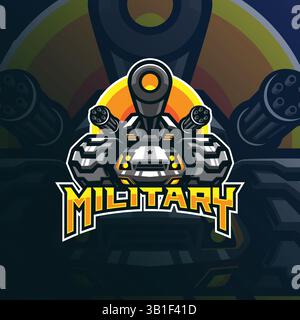 design vettoriale con logo della mascotte militare e design moderno per la stampa di badge, emblemi e t shirt. illustrazione di un carro armato militare. Illustrazione Vettoriale