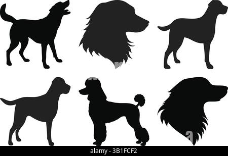 Set vettoriale con silhouette per cani di razze popolari | silhouette per cani | Vector per animali domestici | Clipart per cani | profilo della razza Illustrazione Vettoriale
