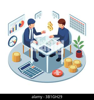 Consulente fiscale isometrico che assiste l'uomo d'affari nella pianificazione finanziaria. Consulenza fiscale e pianificazione finanziaria Illustrazione Vettoriale