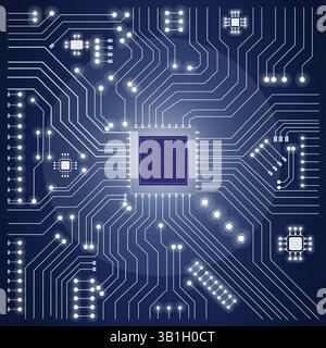 Circuito stampato futuristico con collegamenti Microchip brillanti Illustrazione Vettoriale