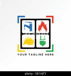 Design del logo concept grafico creativo immagine vettoriale premium modello top sell rubinetto dell'acqua casco fiamme fuochi plug impianto idraulico casa servizio elettrico Illustrazione Vettoriale
