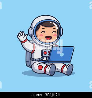 Simpatico astronauta che lavora all'illustrazione vettoriale del cartone animato per laptop. Illustrazione Vettoriale