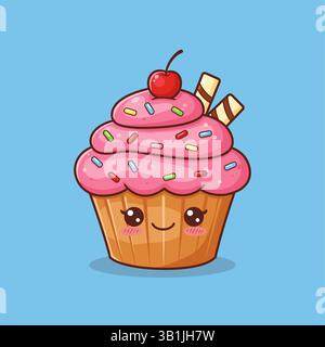 Deliziosa illustrazione vettoriale rosa per cupcake. Mascotte cartoni animati cupcake sorridente Illustrazione Vettoriale