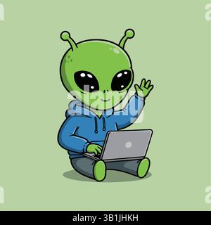 Simpatico alieno che lavora su laptop Cartoon Vector Icons illustrazione stile piatto Illustrazione Vettoriale