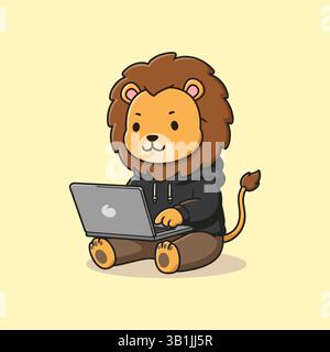 Immagine di cute Lion che lavora su laptop Cartoon Vector Illustrazione Vettoriale