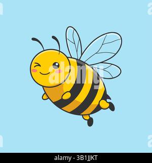 Un'ape carina e amichevole. Cartoni animati di un'ape volante felice con grandi occhi gentili. Carattere insetto. Illustrazione Vettoriale