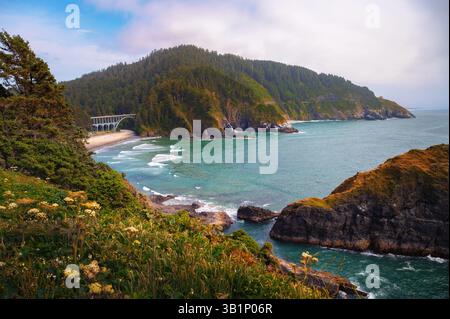 Vista sulla costa del ponte della Oregon Coast Highway vicino al faro di Heceta Head Foto Stock