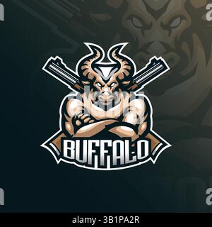 design con logo della mascotte buffalo con design moderno per la stampa di badge, stemmi e t shirt. illustrazione di bufali arrabbiati. Illustrazione Vettoriale