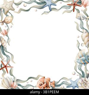Sea Fishes Shell Starfish Seaweed Pearl Frame. Graziosi animali marini e piante oceaniche. Adorabile mondo sottomarino. Isolante estivo dipinto a mano con acquerello Foto Stock