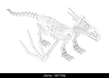Uno scheletro di un drago è disegnato in bianco e nero. Lo scheletro è mostrato in posizione di marcia, con le ali spalmate. Concetto di movimento e en Illustrazione Vettoriale