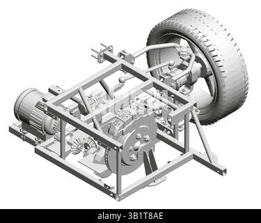 Un'auto è mostrata su uno sfondo bianco con uno pneumatico nero. La vettura è un modello di veicolo con motore e ruota Illustrazione Vettoriale