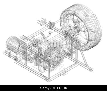Uno pneumatico è mostrato in un disegno in bianco e nero. Lo pneumatico è mostrato in modo molto dettagliato, con le razze e il battistrada visibili. Il disegno trasmette Illustrazione Vettoriale