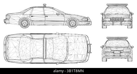 Un'auto della polizia è mostrata in una serie di disegni, con le viste anteriore e posteriore mostrate. La vettura è una berlina con un ampio bagagliaio e un tettuccio apribile. La via davanti Illustrazione Vettoriale
