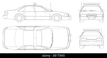 Un'auto della polizia è mostrata in una serie di disegni, con le viste anteriore, posteriore, laterale e superiore mostrate in dettaglio. Illustrazione Vettoriale