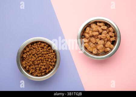 Cibo umido e secco per cani e gatti in una ciotola argentata su sfondo rosa. Vista dall'alto Foto Stock