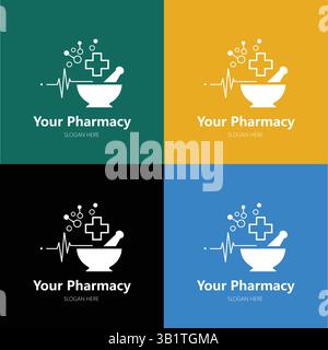 Design professionale del logo della farmacia con mortaio e pestello con icone mediche, linee del battito cardiaco e bolle. Perfetto per farmacie, cliniche Illustrazione Vettoriale
