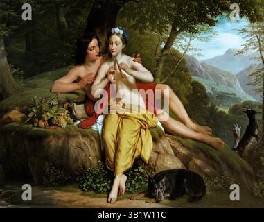 Daphnis et Chloe - Daphnis and Chloe di Louis Hersent 1777-1860 Francia Louvre francese Parigi, fine Art Museum, Francia, ( Daphnis e Chloe' è un romanzo pastorale greco, probabilmente scritto nel II o III secolo d.C. da Longus, che racconta la storia di due fondatori cresciuti come pastori che si innamorano e sperimentano varie avventure. È considerato un precursore del romanzo moderno, noto per il suo ambiente idilliaco, l'esplorazione del giovane amore e l'influenza sulle opere successive nell'arte e nella musica. Foto Stock
