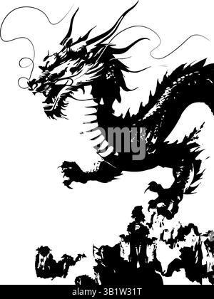 Il drago dell'inchiostro ruggisce sulle montagne nebbiose, gocciolando un'illustrazione con inchiostro nero ad ogni artiglio. Design tatuaggio giapponese, selvaggia illustrazione orientale, W Foto Stock