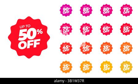 Adesivo distintivo Starburst, distintivo promozionale forma rotonda. Offerta speciale sconto sulle etichette colorate con un diverso valore percentuale di sconto 90, 85, 80, 75, 70, 65, Illustrazione Vettoriale
