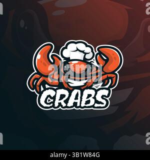Design vettoriale con logo della mascotte granchi e design moderno per la stampa di badge, emblemi e t shirt. Illustrazione intelligente dei granchi dello chef. Illustrazione Vettoriale