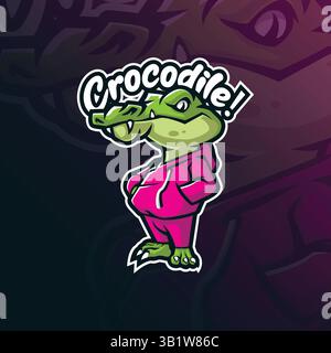 Design vettoriale del logo della mascotte coccodrillo con un moderno stile di illustrazione per la stampa di badge, emblemi e t shirt. Illustrazione a coccodrillo intelligente. Illustrazione Vettoriale
