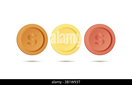 Realistico ottone giallo o moneta d'oro viste diverse. Insegna del dollaro in rilievo e bordo con motivo a stella su sfondo bianco pulito con ombre morbide. 3D. Illustrazione Vettoriale