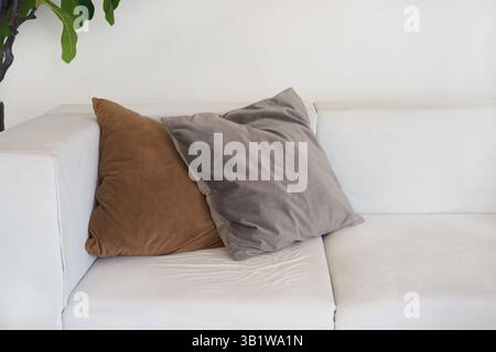 Morbidi cuscini decorativi su un comodo e moderno divano bianco. Divano bianco con cuscino in velluto marrone e grigio, elemento per l'arredamento della casa, dettagli di design degli interni Foto Stock