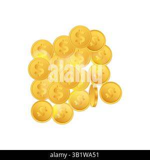 Realistico ottone giallo o moneta d'oro viste diverse. Insegna del dollaro in rilievo e bordo con motivo a stella su sfondo bianco pulito con ombre morbide. 3D. Illustrazione Vettoriale