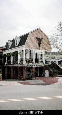 WESTPORT, Connecticut, Stati Uniti - 25 APRILE 2025: Negozio di brandy Melville e Catherine H a Main St con alberi in fiore nella soleggiata giornata primaverile Foto Stock