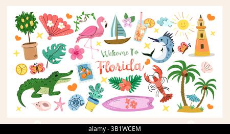 Benvenuto in Florida, una colorata collezione vettoriale disegnata a mano con alligatore, fenicottero, palme, bevande tropicali, faro, sole e spiaggia Illustrazione Vettoriale
