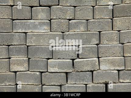 La superficie di un muro o recinzione fiancheggiata da mattoni grigi. Lastre di pavimentazione in blocchi grigi di forma piana. Blocchi di marciapiede nel parco cittadino. Materiali Park Way Foto Stock