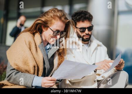 Due persone che esaminano documenti all'aperto in condizioni di sole indossando abiti eleganti Foto Stock