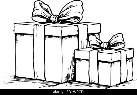 Due scatole regalo con archi grandi disegnati in stile sketch, collocate su uno sfondo bianco, che simboleggiano festeggiamenti, sorprese e donazioni Illustrazione Vettoriale