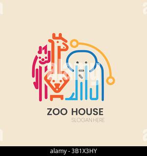 Logo Zoo colorato e minimale con giraffa, leone ed elefante in stile Modern Line Art per il marchio Animal Center Illustrazione Vettoriale