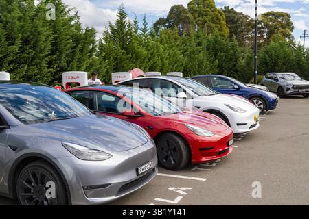 Auto Tesla Model Y e Model 3 parcheggiate e caricate presso un sovralimentatore Tesla a Exeter, nuovo Galles del Sud, Australia Foto Stock