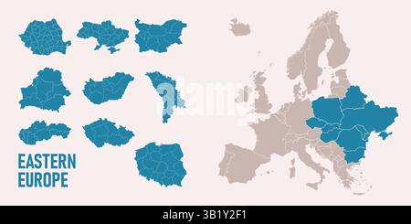 Mappa dell'Europa orientale. Comprende Ucraina, Bielorussia, Romania, Bulgaria, Ungheria Slovacchia, Cechia e Polonia con divisioni regionali. Isolato su un bianco Illustrazione Vettoriale