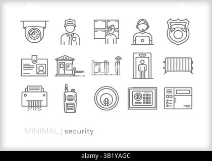 Set di 15 icone di linee di sicurezza professionali di elementi e temi per proteggere la proprietà attraverso il monitoraggio, i checkpoint, la tecnologia e il personale in loco Illustrazione Vettoriale
