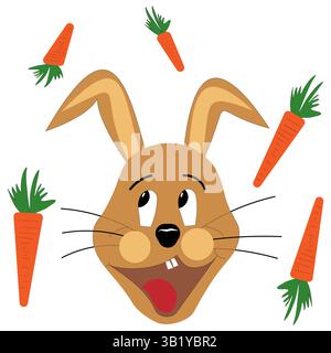 Felice faccia coniglietto. Testa di coniglio eccitata. Gruppo di carote arancioni. Disegno vettoriale cartoni animati. Illustrazione Vettoriale