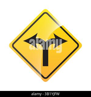 Cartello di separazione stradale - cartello giallo Diamond Traffic con freccia rivolta a sinistra e a destra, che indica la divisione stradale, Fork in Road e la scelta direzionale Illustrazione Vettoriale