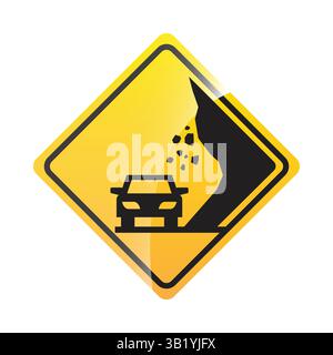 Segnale di avvertenza caduta rocce - segnale stradale giallo a forma di diamante che indica la zona di pericolo di caduta di rocce per i conducenti, simbolo di attenzione per la sicurezza stradale Illustrazione Vettoriale