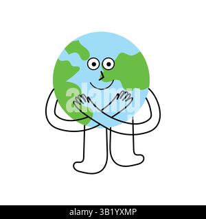 Mascotte terrestre piatta e lineare che abbraccia se stessa illustrazione vettoriale - concetto di ecologia e amore per se stessi Illustrazione Vettoriale