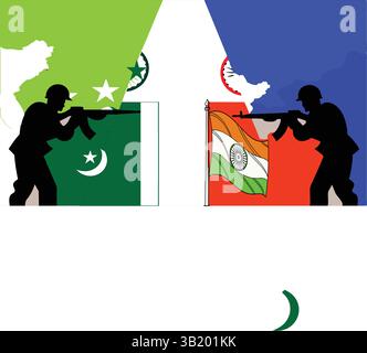 India Pakistan Thug of War 2025 sul fiume Indo, conflitto politico, tensione di confine, soldati, bandiere, battaglia geopolitica Illustrazione Vettoriale