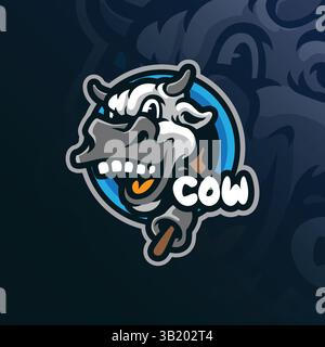 Design vettoriale con logo della mascotte mucca con stile concept per la stampa di badge, emblemi e t shirt. Illustrazione della testa di mucca intelligente. Illustrazione Vettoriale