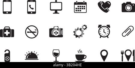 Set di icone in bianco e nero minimalista con simboli universali per la comunicazione, la salute, il tempo, il cibo e la posizione, perfetto per un design moderno Illustrazione Vettoriale