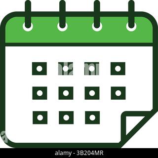 Icona minimalista verde e bianca del calendario con angolo arricciato, layout della griglia e fori circolari da appendere, simboleggiando la pianificazione e la gestione del tempo Illustrazione Vettoriale