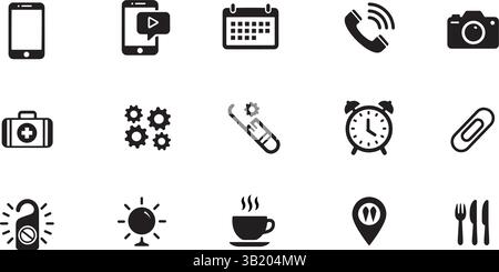 Set di icone vettoriali nero grassetto su sfondo bianco tra cui smartphone, calendario, chiamate telefoniche, fotocamera, kit medico, orologio, sole, tazza di caffè, posizione Illustrazione Vettoriale